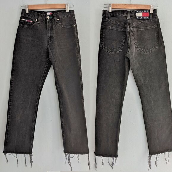 Vintage 90s Y2K Tommy Hilfiger Jeans Black Denim Cropped Distressed JRS Size 1 - Picture 1 of 10